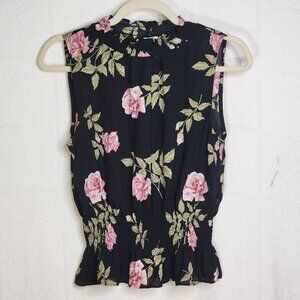 Revamped Brand Black Pink Green Floral Sleeveless Ruched Mock Neck Poly Top Sz M